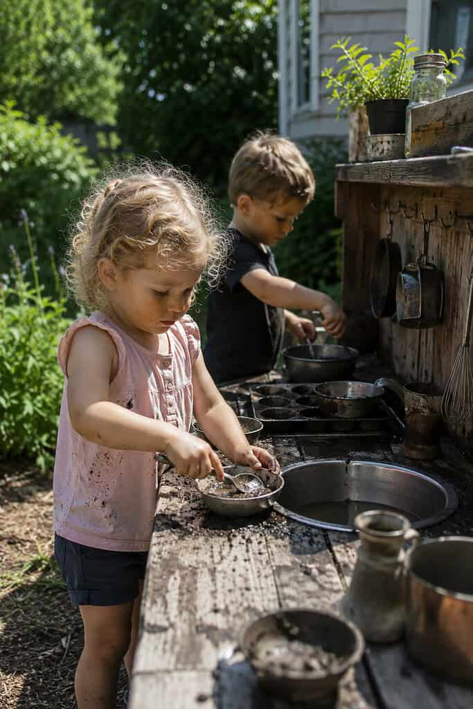young children enjoying mud kitchen play outdoors during summer