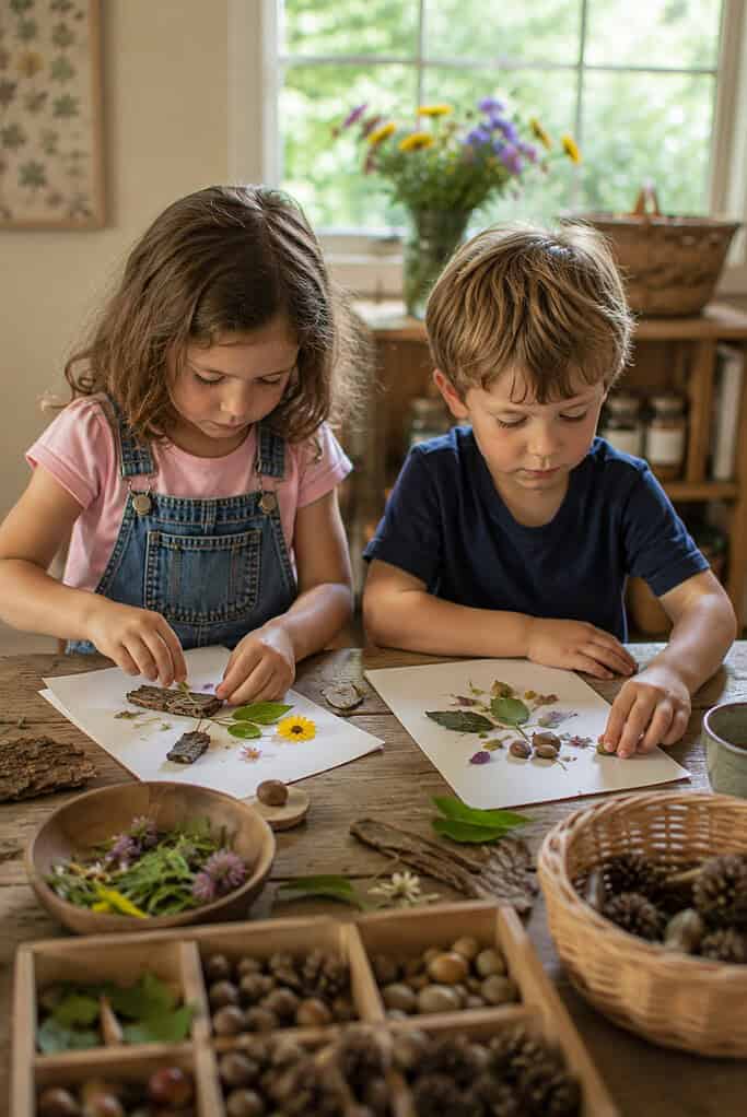 young children gathered around a rustic wooden table near a bright window, sorting and creating with natural treasures they collected outside.
