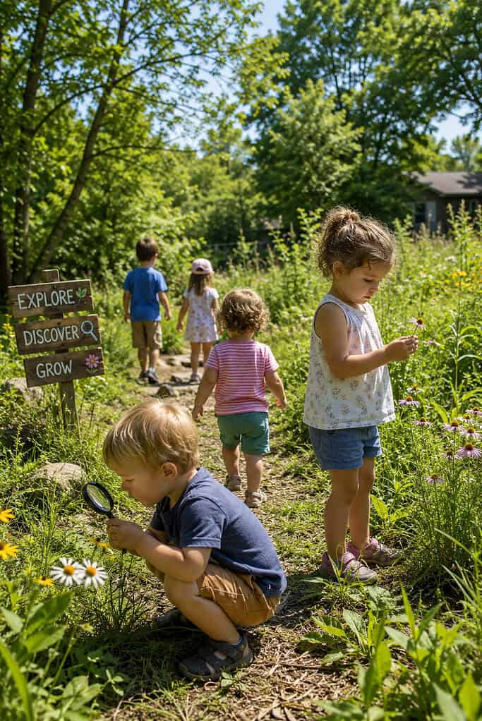 Show young children and toddlers exploring a grassy backyard or nature trail on a bright summer day.