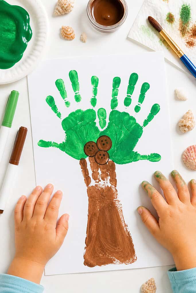 a handmade palm tree craft created from children’s painted handprints on white cardstock.