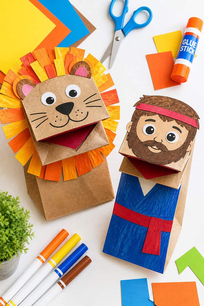 two handmade paper bag puppets—a lion and Daniel