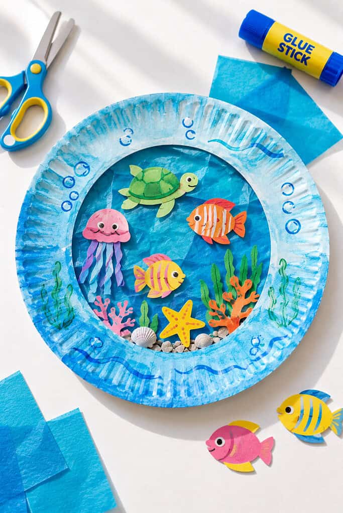 A paper plate aquarium craft with the center cut out to create a window effect.