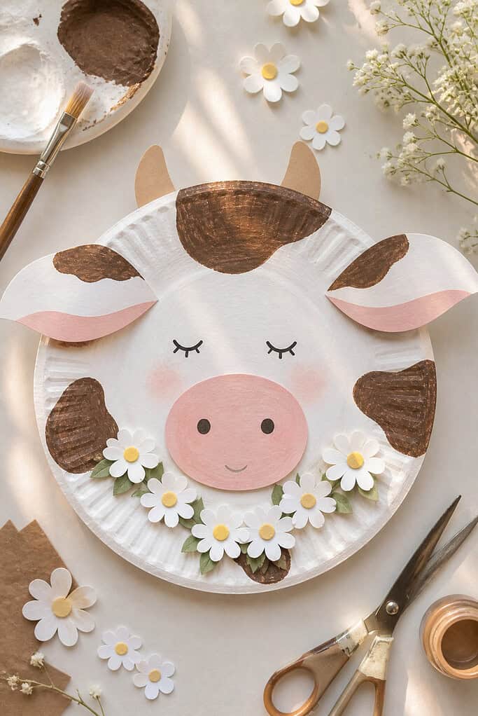A paper plate painted a soft white with subtle, visible brush strokes transformed into a cow