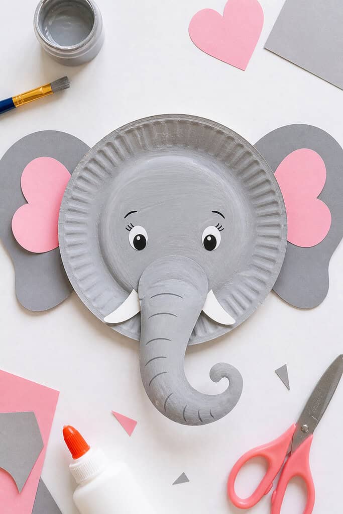 An elephant made of paper plate painted a soft, neutral gray with visible brush strokes for a natural, childlike texture.