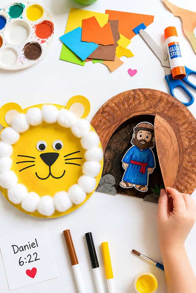 a handmade yellow paper plate lion with a soft, fluffy cotton-ball mane glued around the edges.