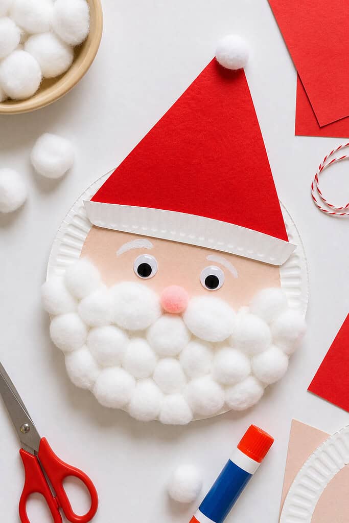 A paper plate forming Santa’s face, with a fluffy beard made from real cotton balls arranged around the lower half.