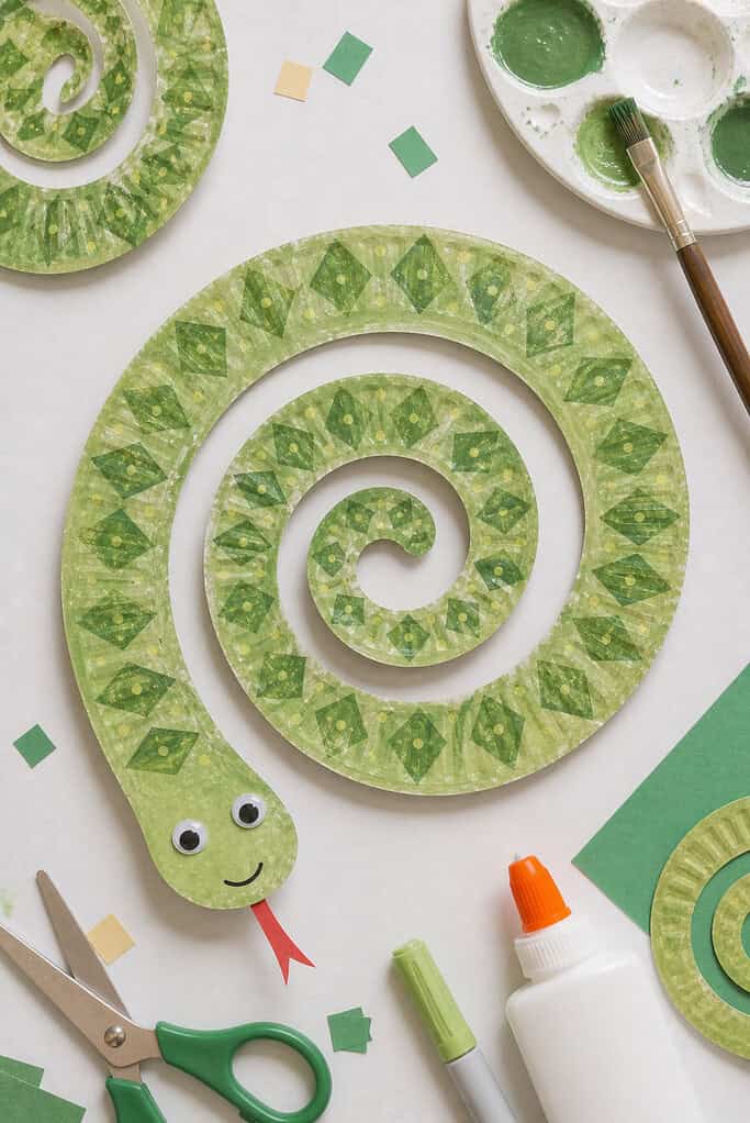 A paper plate cut into a continuous spiral, forming a long, winding snake shape that expands outward from the center.