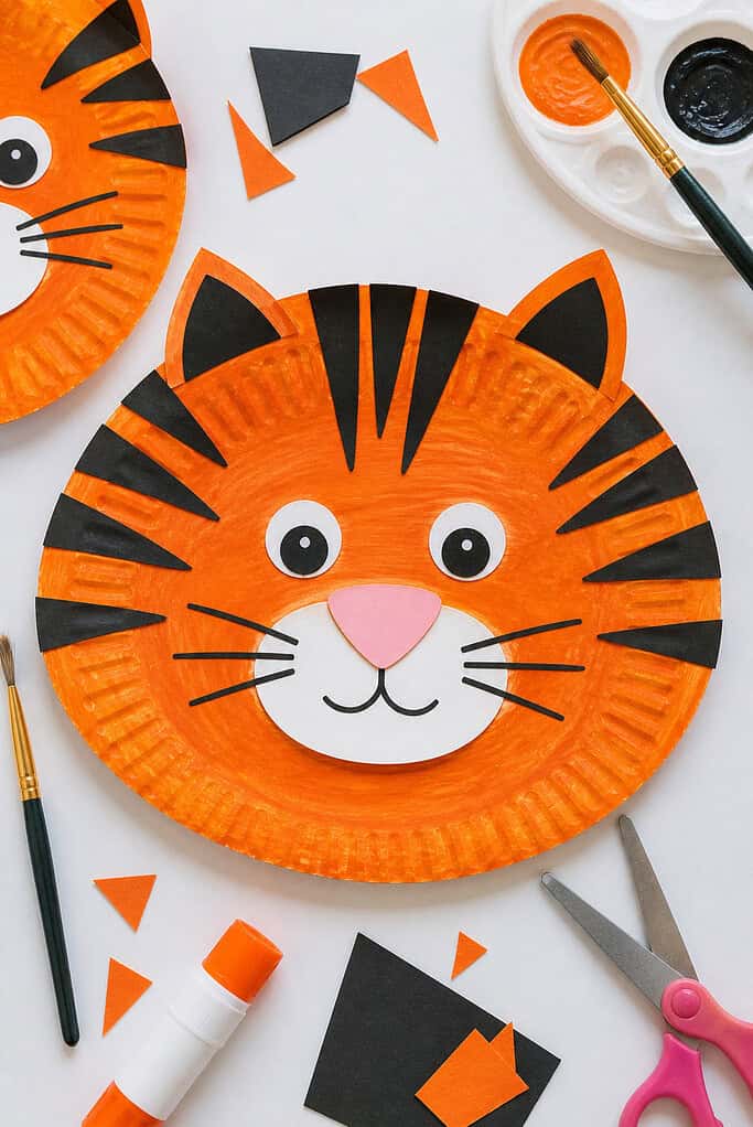 A paper plate painted a rich, vibrant orange with visible brush strokes for a natural, childlike texture