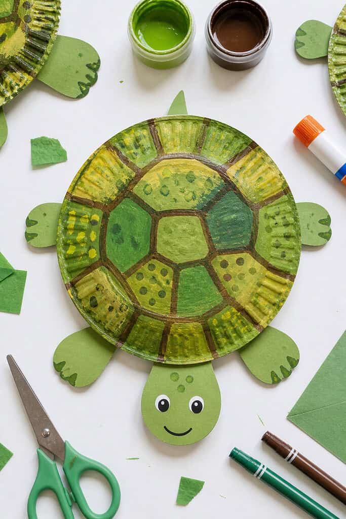 A paper plate used as the turtle’s shell, decorated with hand-drawn or painted patterns