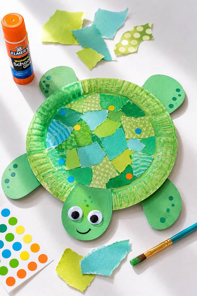 A cute handmade sea turtle craft created from a painted green paper plate with construction paper legs, a rounded turtle head, and a decorated shell.