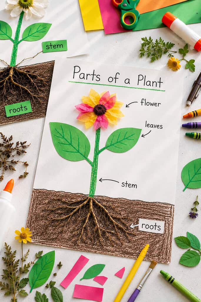 a large sheet of paper displaying a simple labeled plant diagram with visible sections for roots, stem, leaves, flower