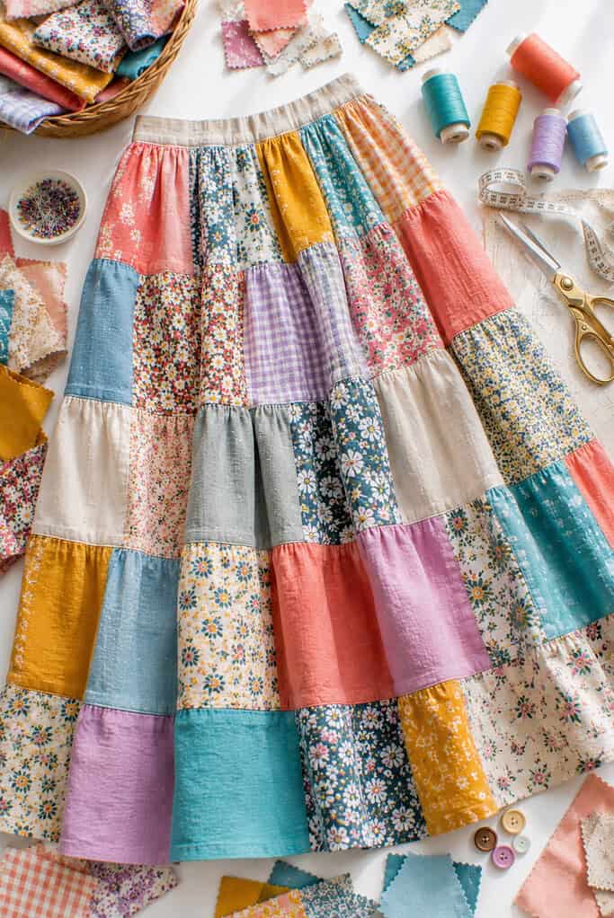 A beautifully handcrafted patchwork skirt made from mixed fabric remnants
