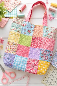 tote bag that feature vibrant fabric squares in mixed floral, gingham, polka dot, and pastel prints.