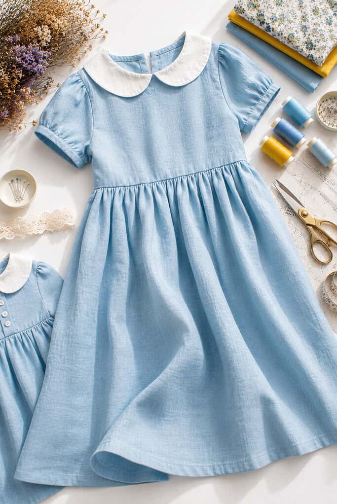 A beautifully sewn linen dress featuring a classic Peter Pan collar