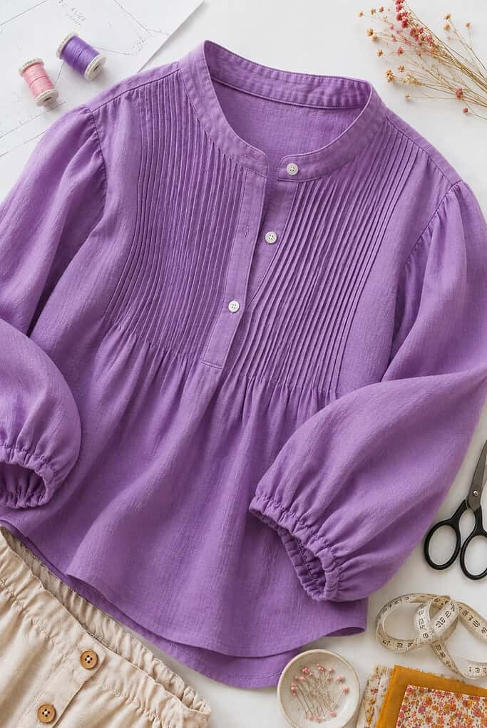 A beautifully sewn blouse featuring intricate pintuck detailing across the front panel or shoulder yoke.