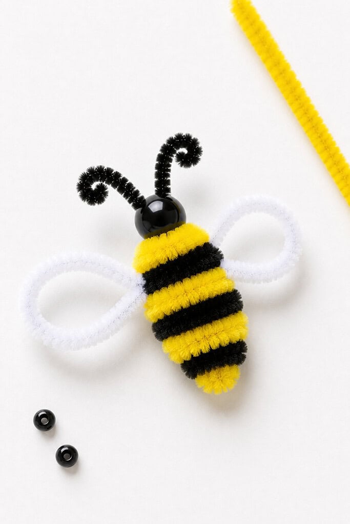 a handmade bee crafted from twisted yellow and black fuzzy pipe cleaners forming a striped body