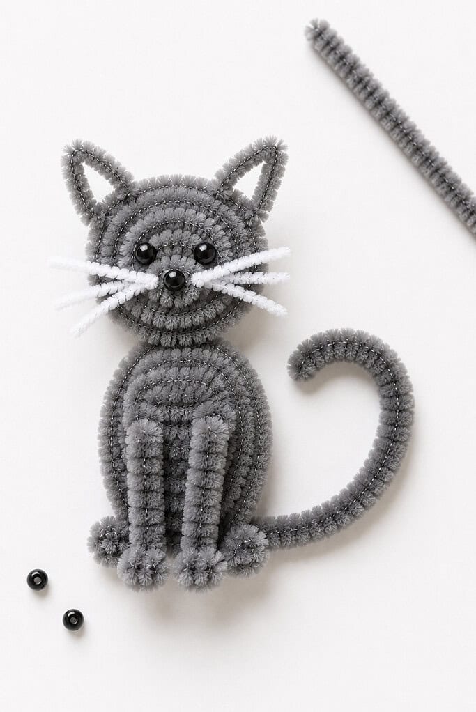 a handmade cat crafted from fuzzy pipe cleaners