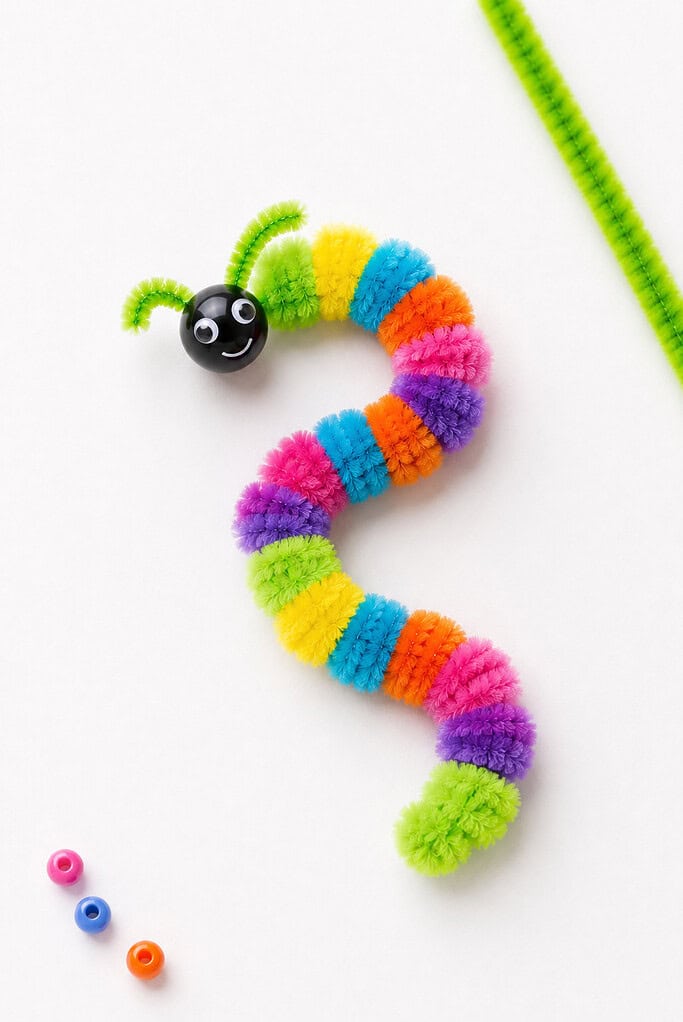 a long handmade caterpillar crafted from multiple colorful fuzzy pipe cleaners connected end-to-end and coiled into a soft playful S-curve