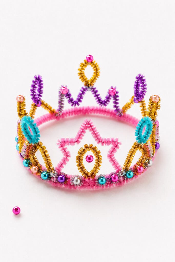 a handmade crown crafted from colorful fuzzy pipe cleaners shaped into a circular band