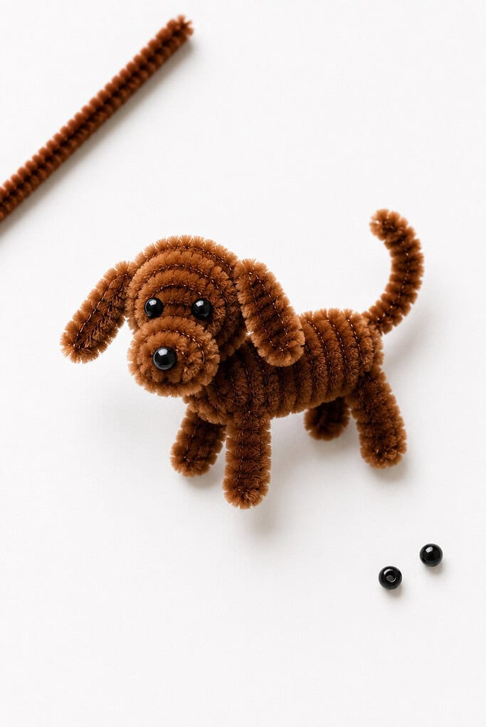 a handmade puppy crafted from fuzzy brown pipe cleaners