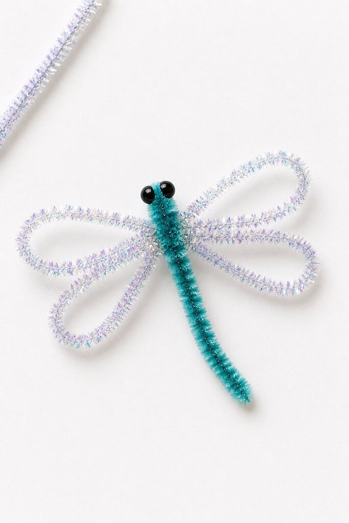 a handmade dragonfly crafted from a slender metallic or jewel-toned fuzzy pipe cleaner body, with two delicate figure-eight wing loops attached on each side