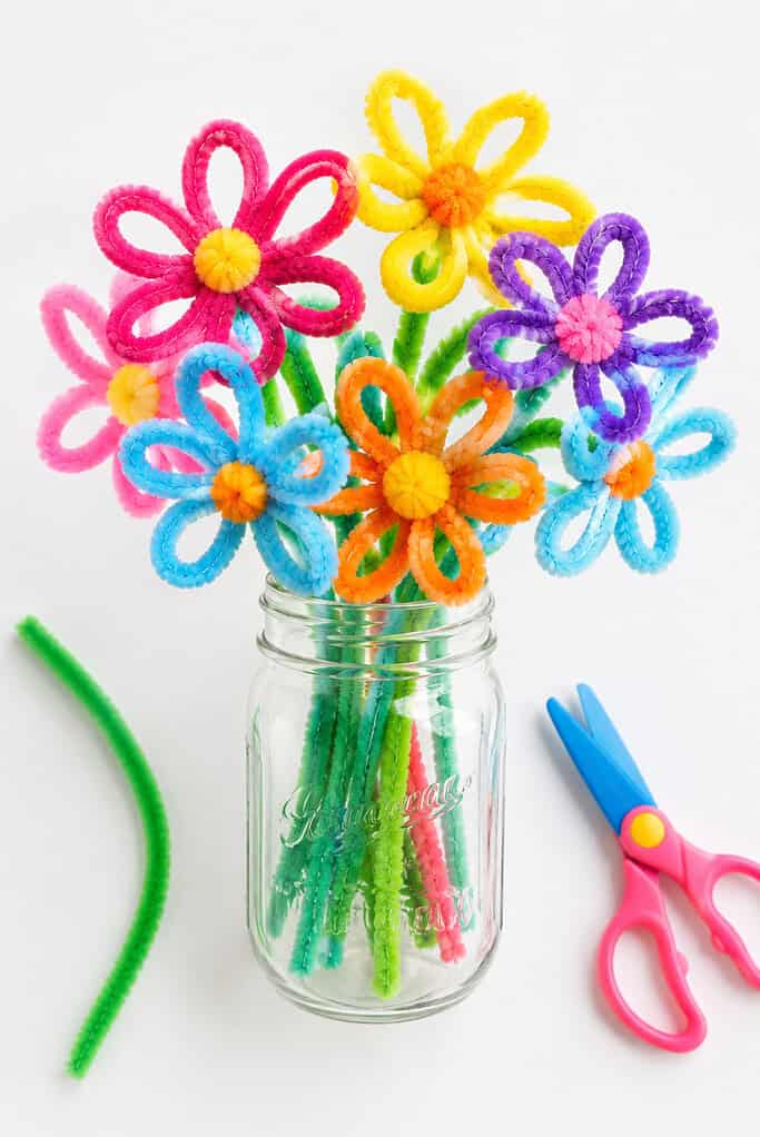 handmade flowers made from colorful fuzzy pipe cleaners