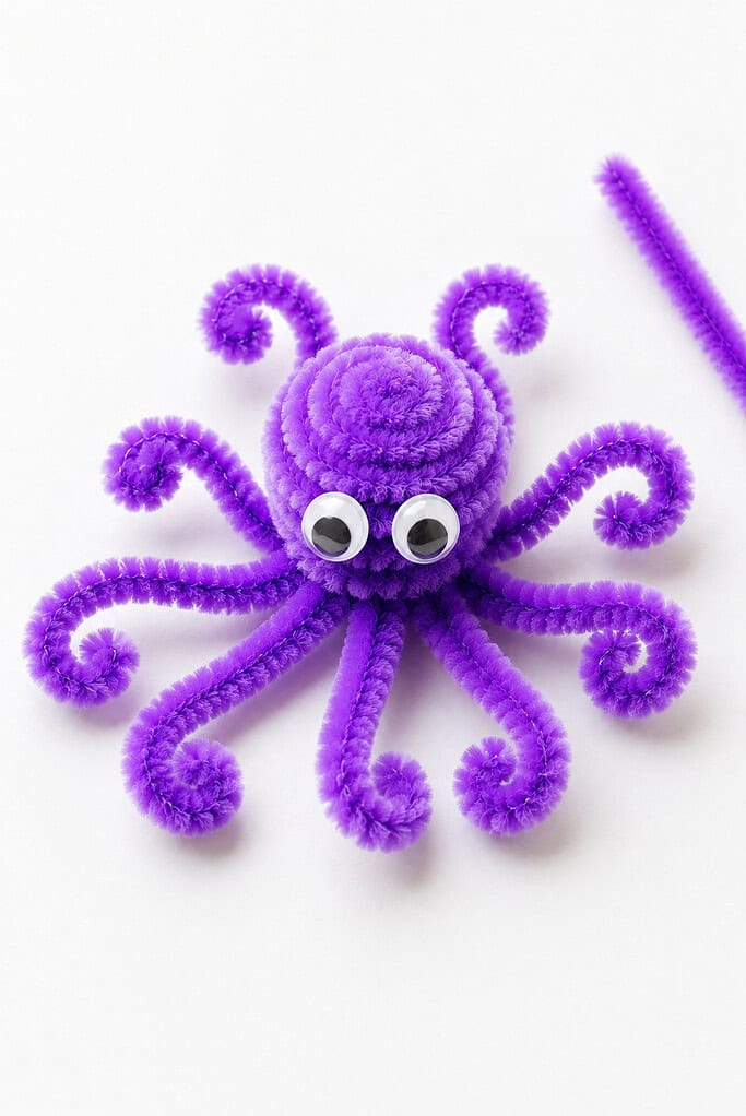 a handmade octopus crafted from colorful fuzzy pipe cleaners