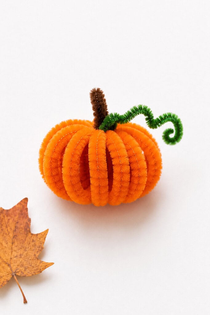a handmade pumpkin crafted from several orange fuzzy pipe cleaners bent into rounded vertical loops