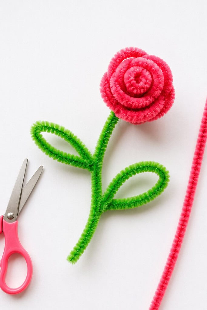 a handmade rose crafted from a red or soft pink fuzzy pipe cleaner