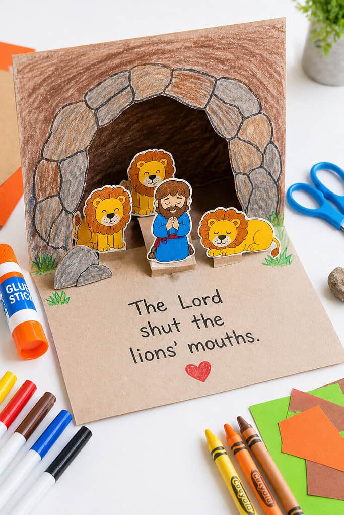 a folded piece of cardstock opened to reveal a simple pop-up cave scene.