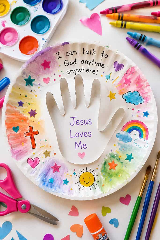 a white paper plate craft with a child’s hand traced and carefully cut out from the center while still attached to the plate.