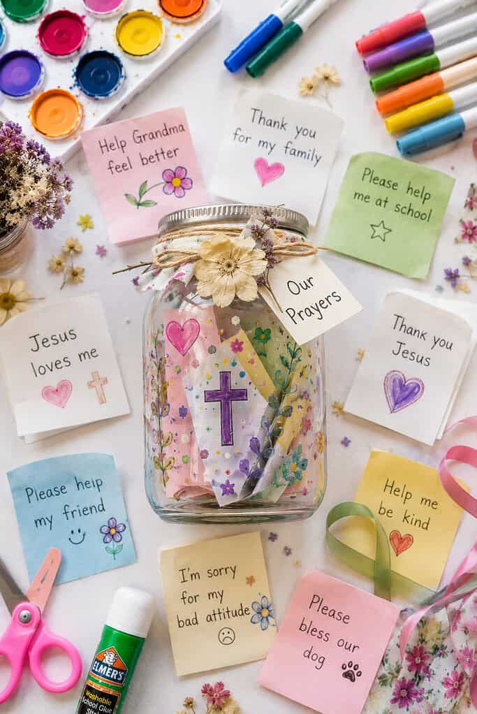 a beautifully decorated mason jar at the center of the composition, partially filled with folded handwritten prayer notes on small slips of paper.