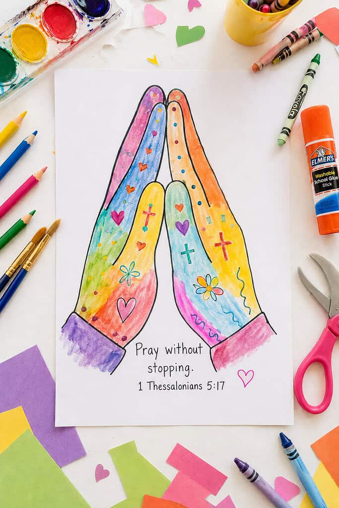 a colorful praying hands craft made from traced child-sized hands on white cardstock, with the fingers pressed together to resemble folded hands in prayer.