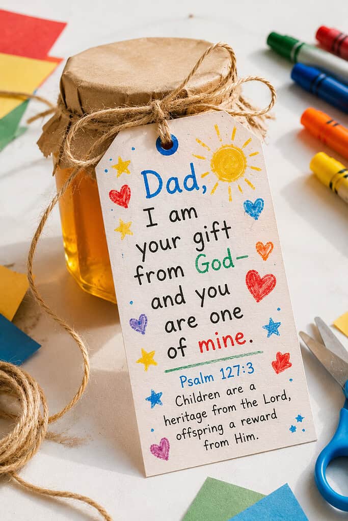 a child-created gift-tag shaped craft made from thick cardstock, decorated with colorful childlike drawings, hearts, stars, sunshine doodles, and playful patterns using vibrant markers and crayons