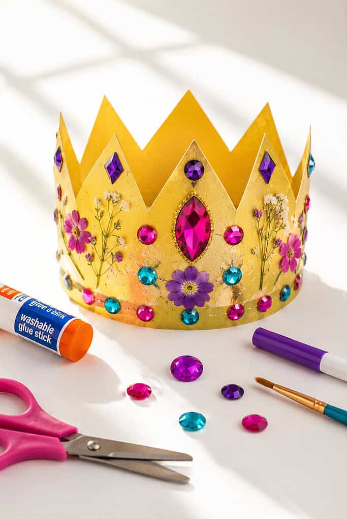 a handmade gold paper crown crafted from yellow or metallic gold cardstock