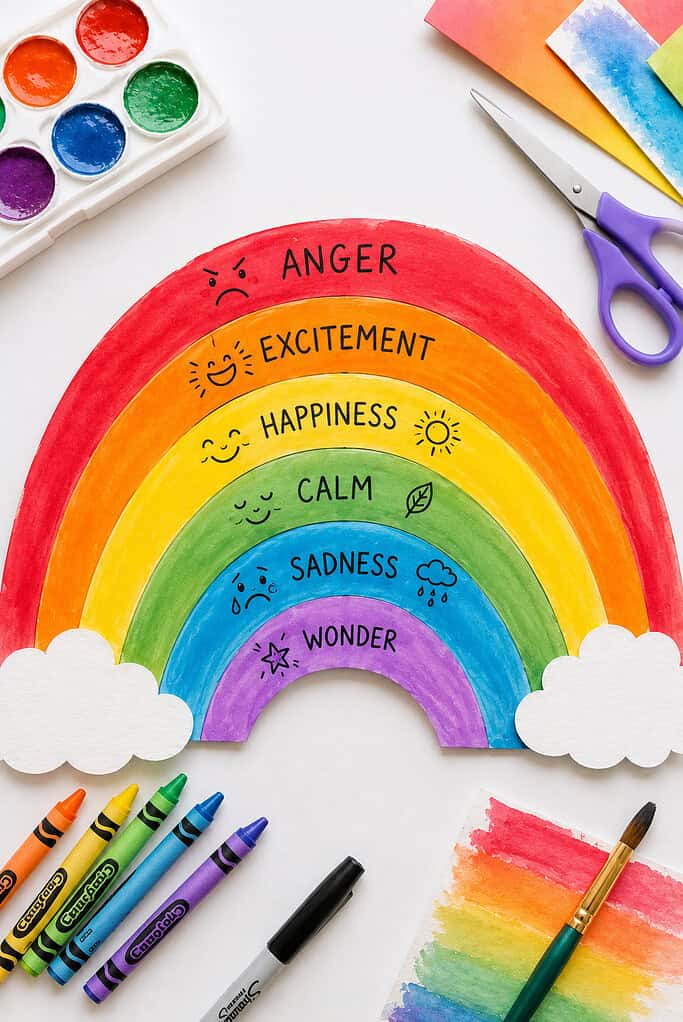 a colorful rainbow craft made from painted paper, cardstock, watercolor art, or layered craft foam, with each rainbow stripe representing a different emotion