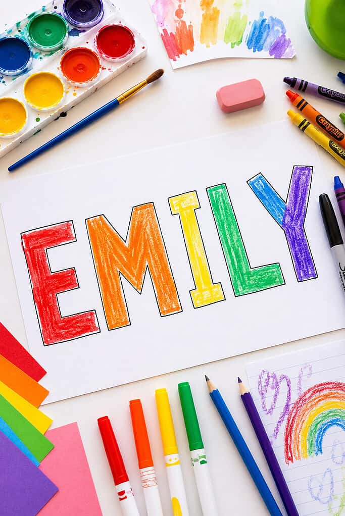 Large outlined block letters on cardstock filled with bright rainbow colors in sequence — red, orange, yellow, green, blue, and purple.