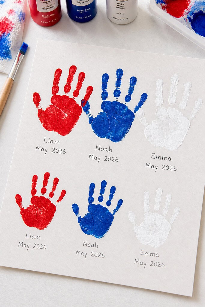 A sheet of white cardstock featuring three painted handprints in a row—one vibrant red, one deep blue, and one white handprint