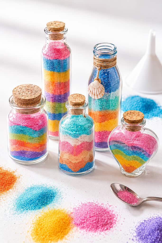 small clear bottles or jars filled with carefully layered colorful craft sand or dyed salt.