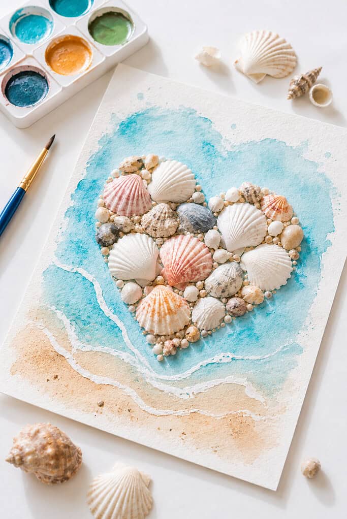 A beautiful seashell art piece created on thick white cardstock using real assorted seashells arranged into a simple pattern, heart, flower, or beach-inspired design.