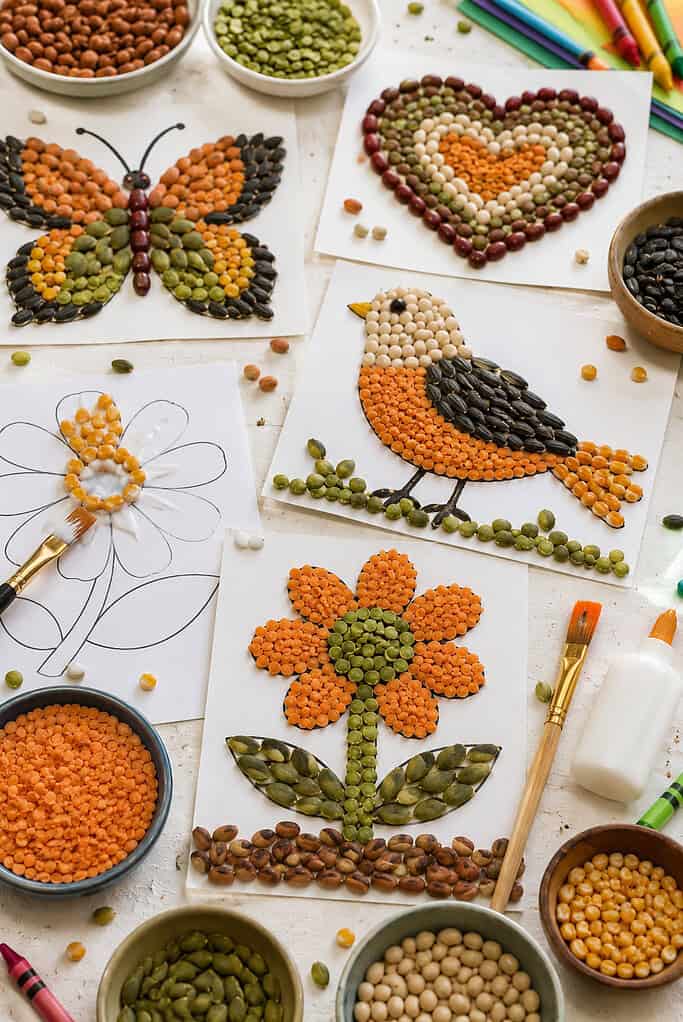 several seed mosaic artworks created on thick white paper or cardboard.