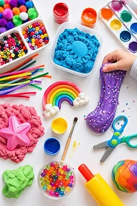 a variety of sensory craft materials in an aesthetically pleasing, slightly scattered but intentional layout