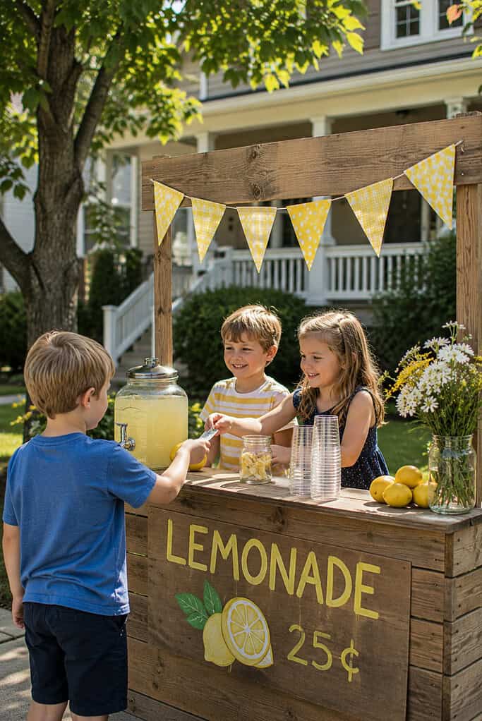 young children standing proudly behind a small handmade lemonade stand