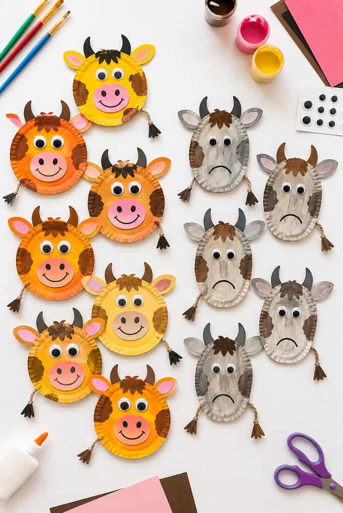 Handmade paper plate cows created by children