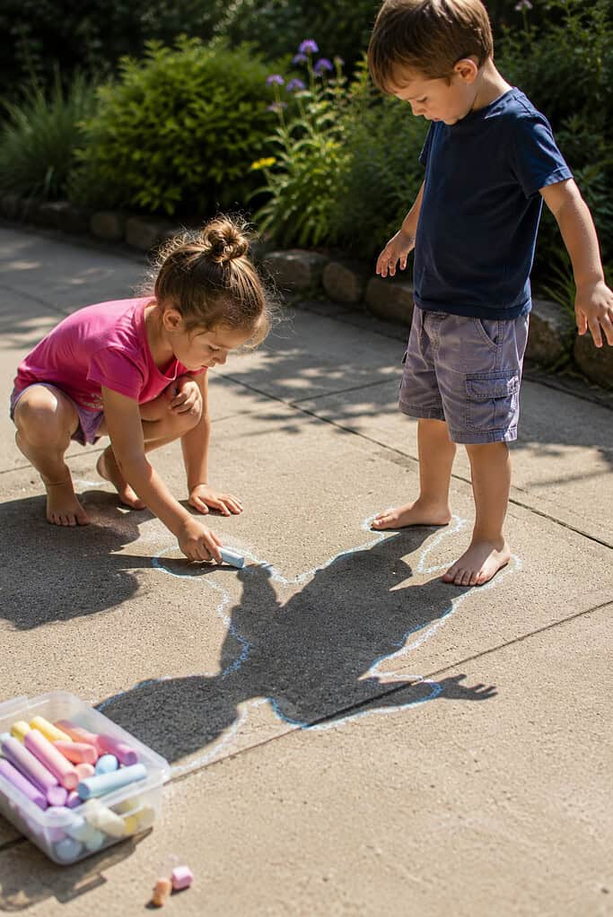 young children standing on a sunny sidewalk, driveway, or patio while another child traces their shadow outlines with colorful sidewalk chalk