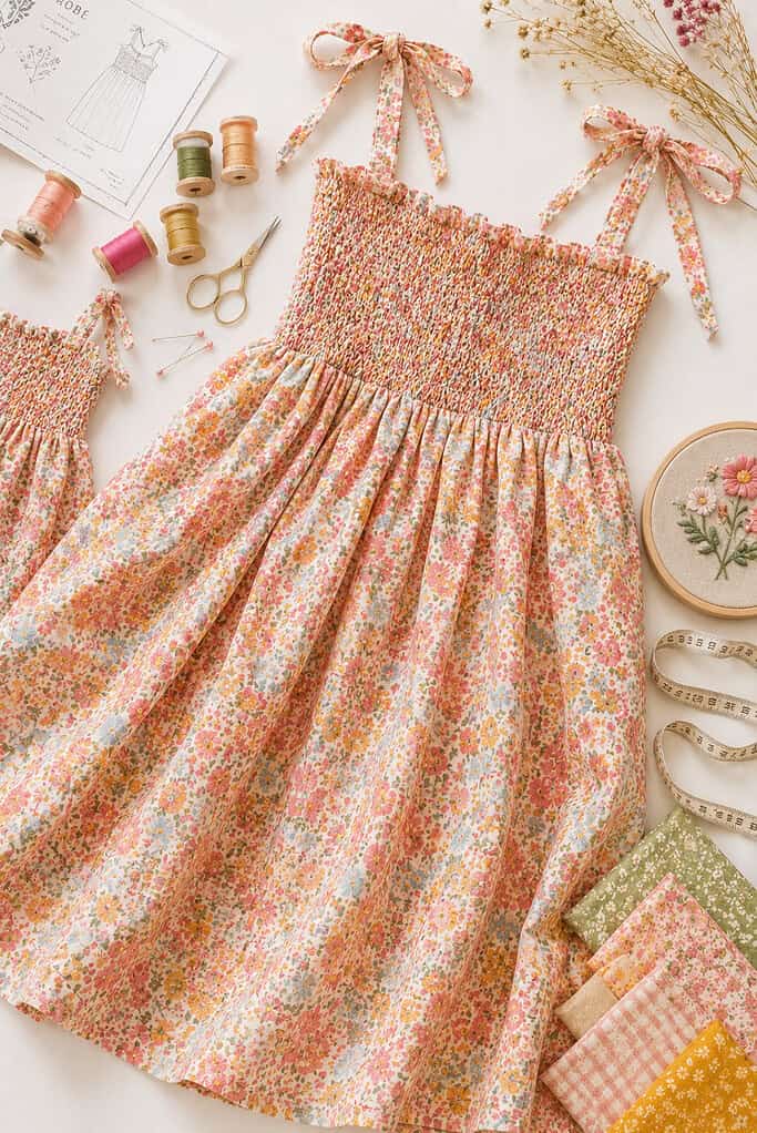 A beautifully sewn cotton sundress with a hand-smocked bodice and gathered skirt