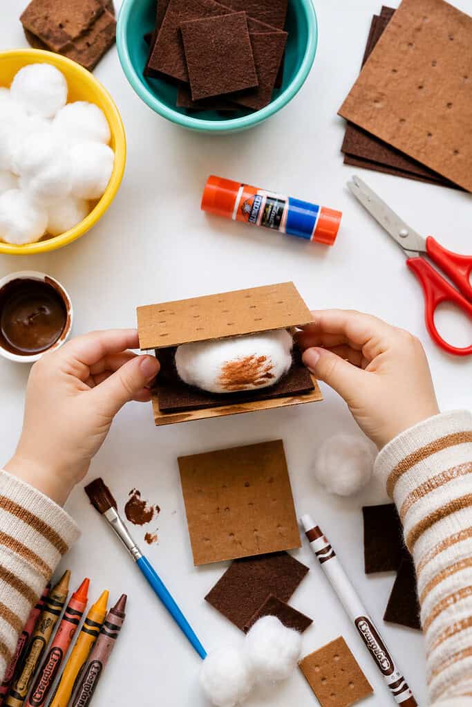 a kids’ camping s’mores craft activity arranged on a bright white tabletop