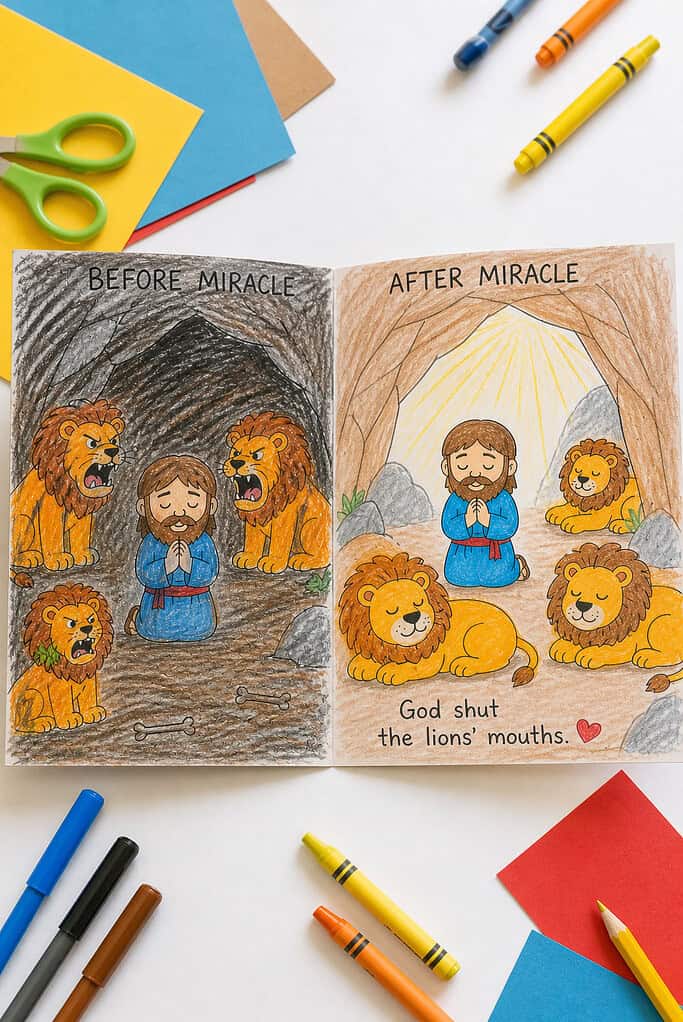 a single sheet of paper folded in half and opened flat to reveal two illustrated scenes side by side.