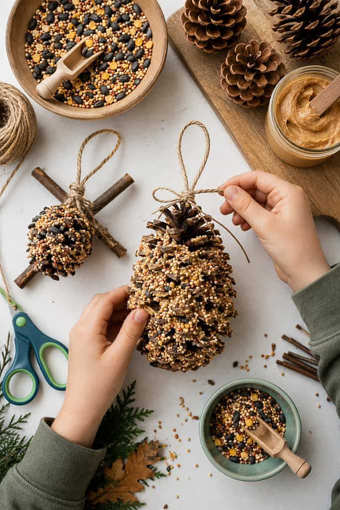 a completed pinecone bird feeder craft