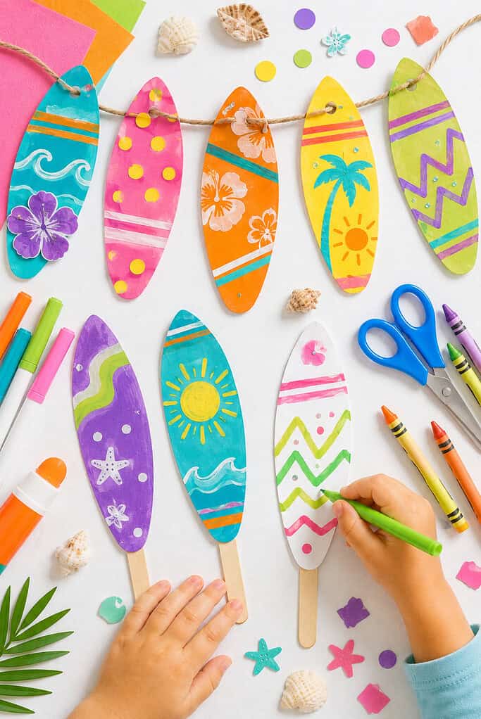 several handmade surfboard crafts cut from sturdy cardstock